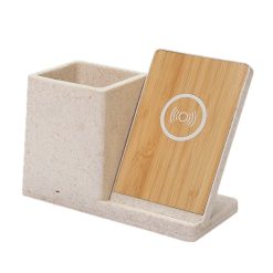 Wheat Straw Pen Holder with Bamboo Wireless Charger